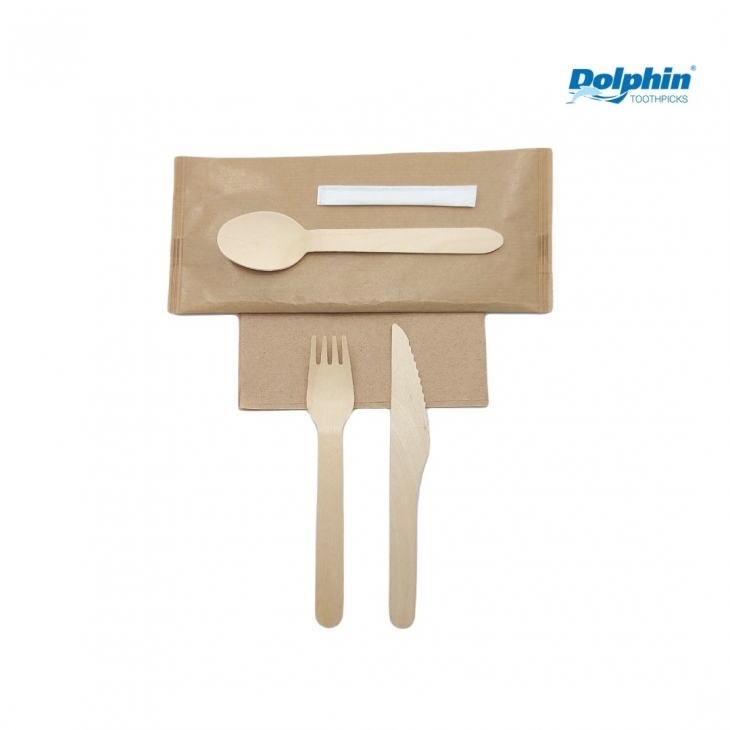 Wooden disposable set fork+knife+napkin DOLPHIN