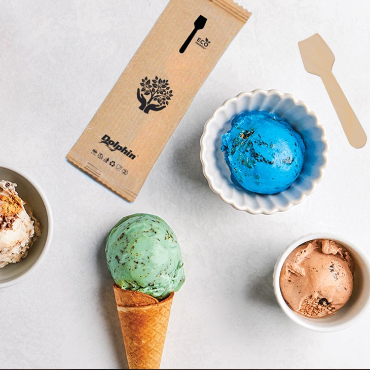 Eco-friendly wooden ice cream spoons individually wrapped in kraft paper