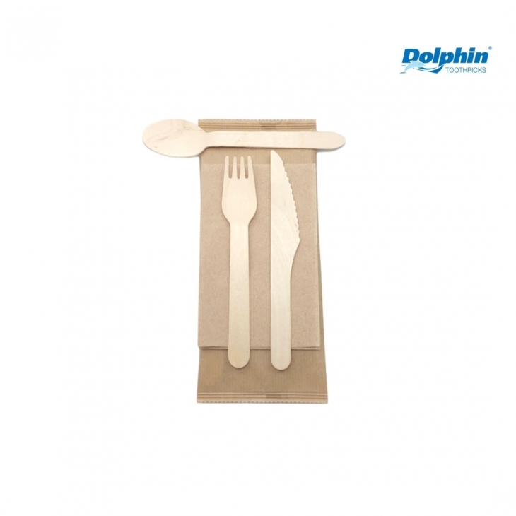 Wooden disposable set fork+knife+napkin DOLPHIN