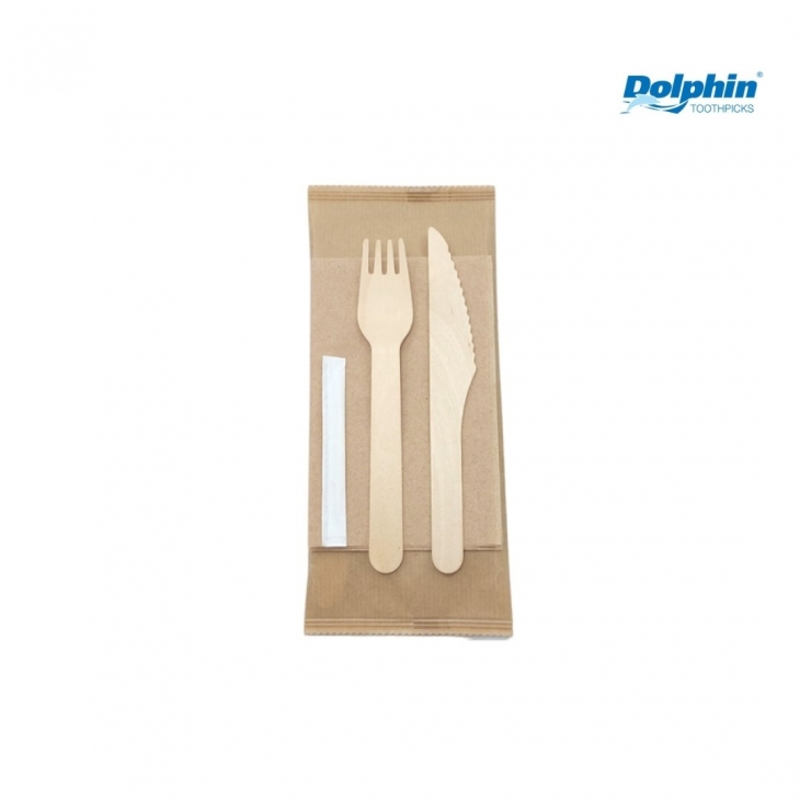 Wooden disposable set fork+knife+napkin DOLPHIN