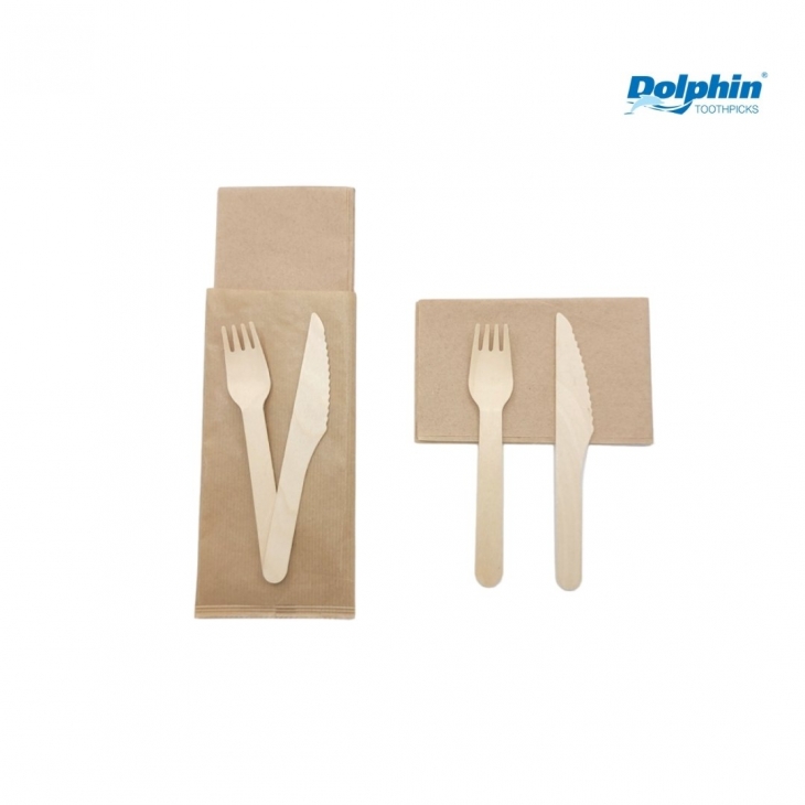 Wooden disposable set fork+knife+napkin DOLPHIN